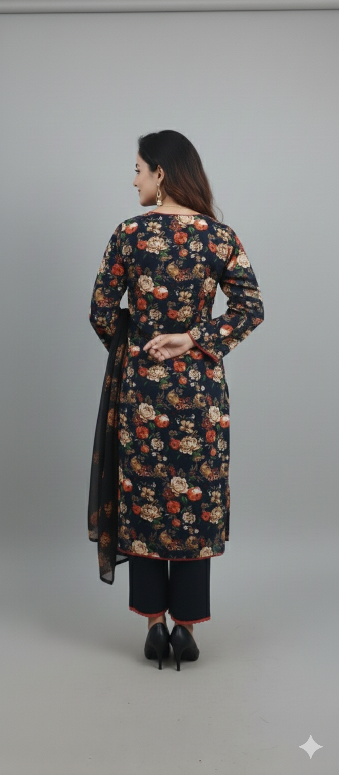 Black Floral Printed Light Khaddar 3-Piece Suit with Chiffon Dupatta & Lace Finishing