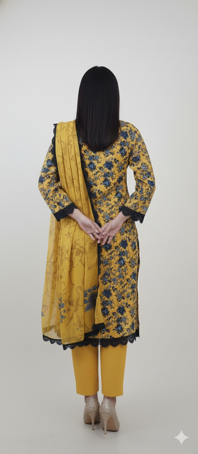 Woman wearing a yellow embroidered outfit with a matching dupatta on a beige background
