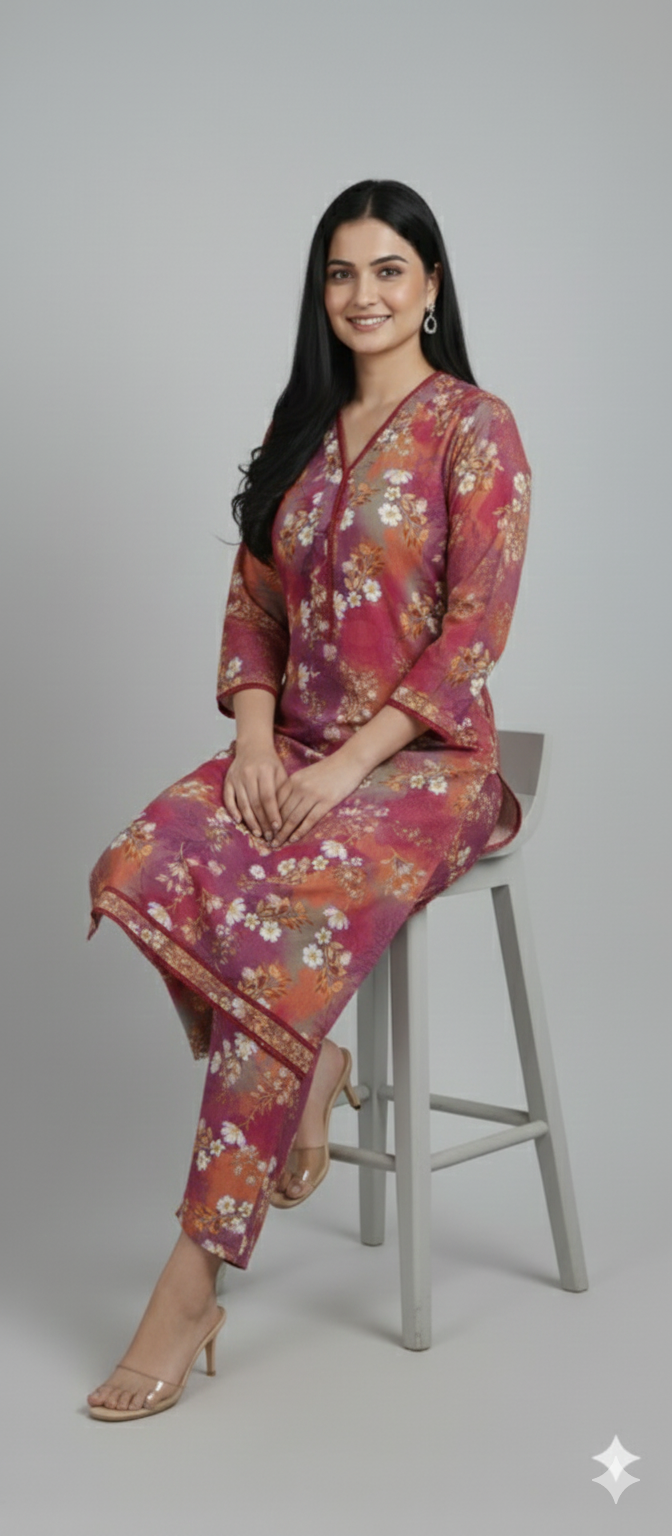 Printed Light Khaddar 2 Piece Suit with Lace – Multicolor Pink