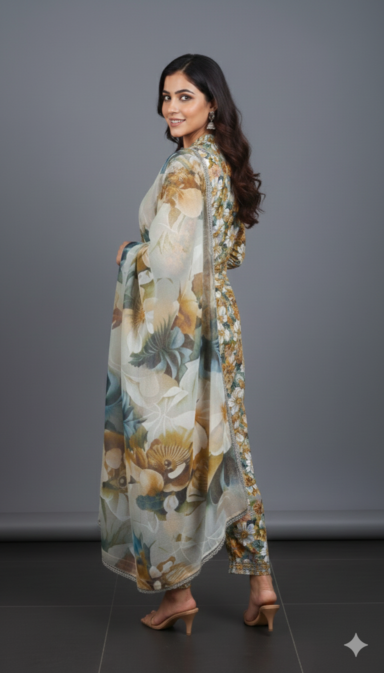 Multicolor Floral Printed Light Khaddar 3 Piece – Brownish Grey