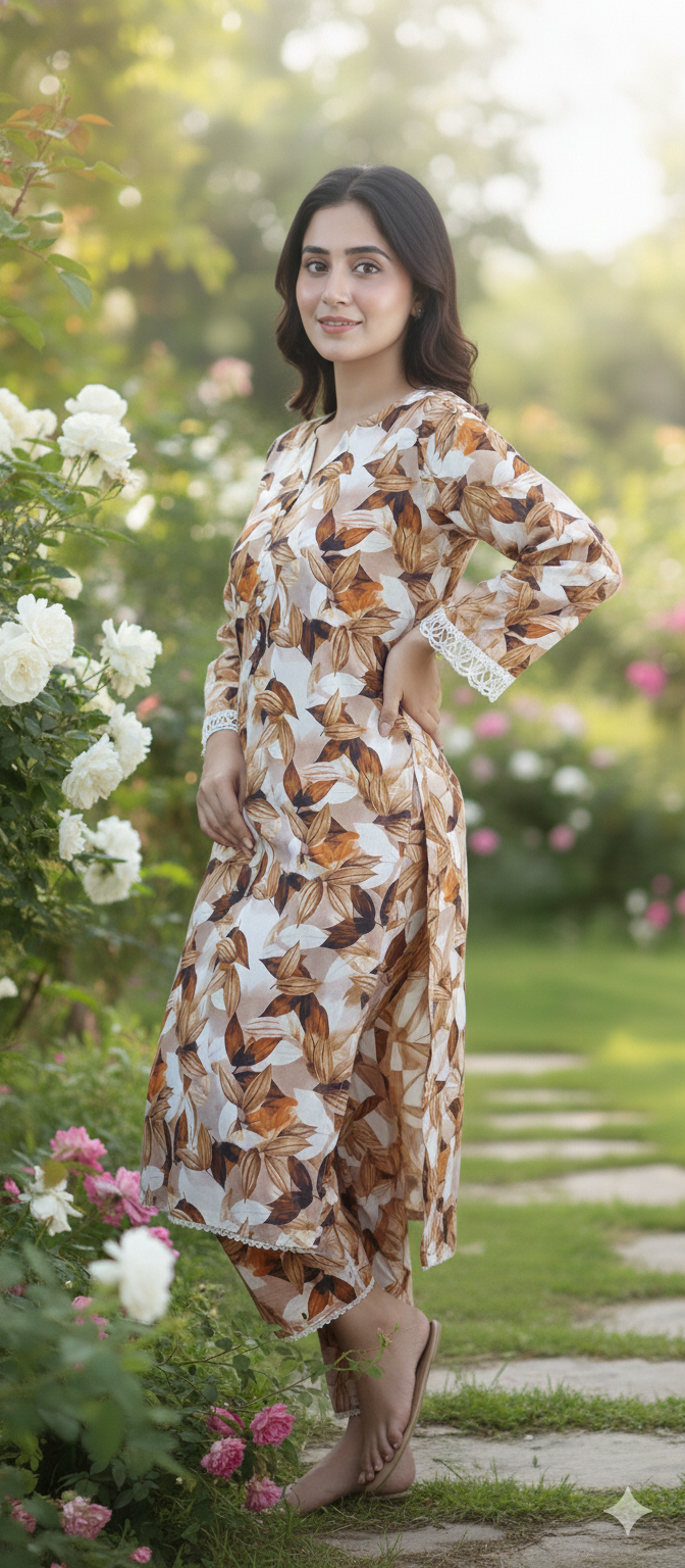 Leafy Breeze Printed Light Khaddar 2 Piece – Caramel Brown (RTW)