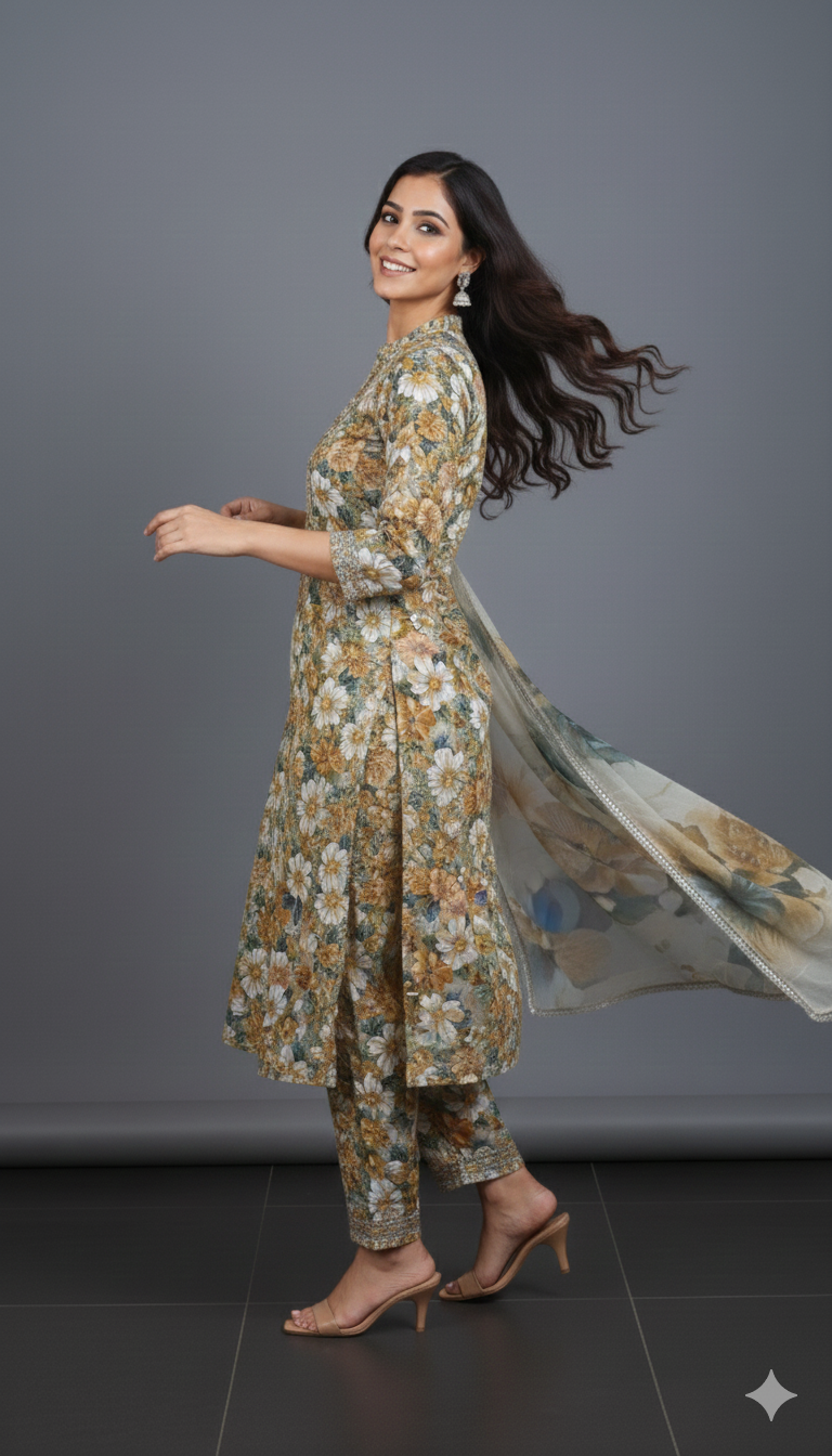 Multicolor Floral Printed Light Khaddar 3 Piece – Brownish Grey