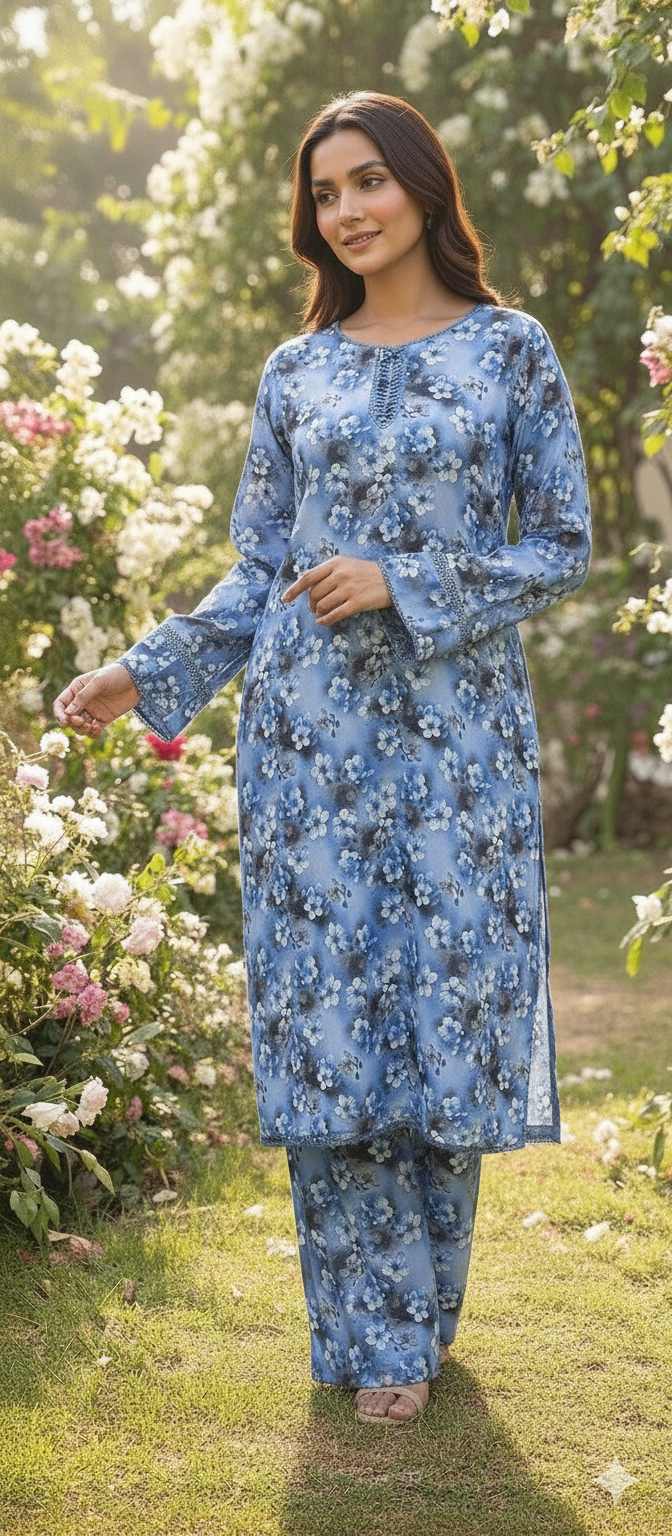 Floral Printed Light Khaddar 2 Piece Suit with Lace – Blue