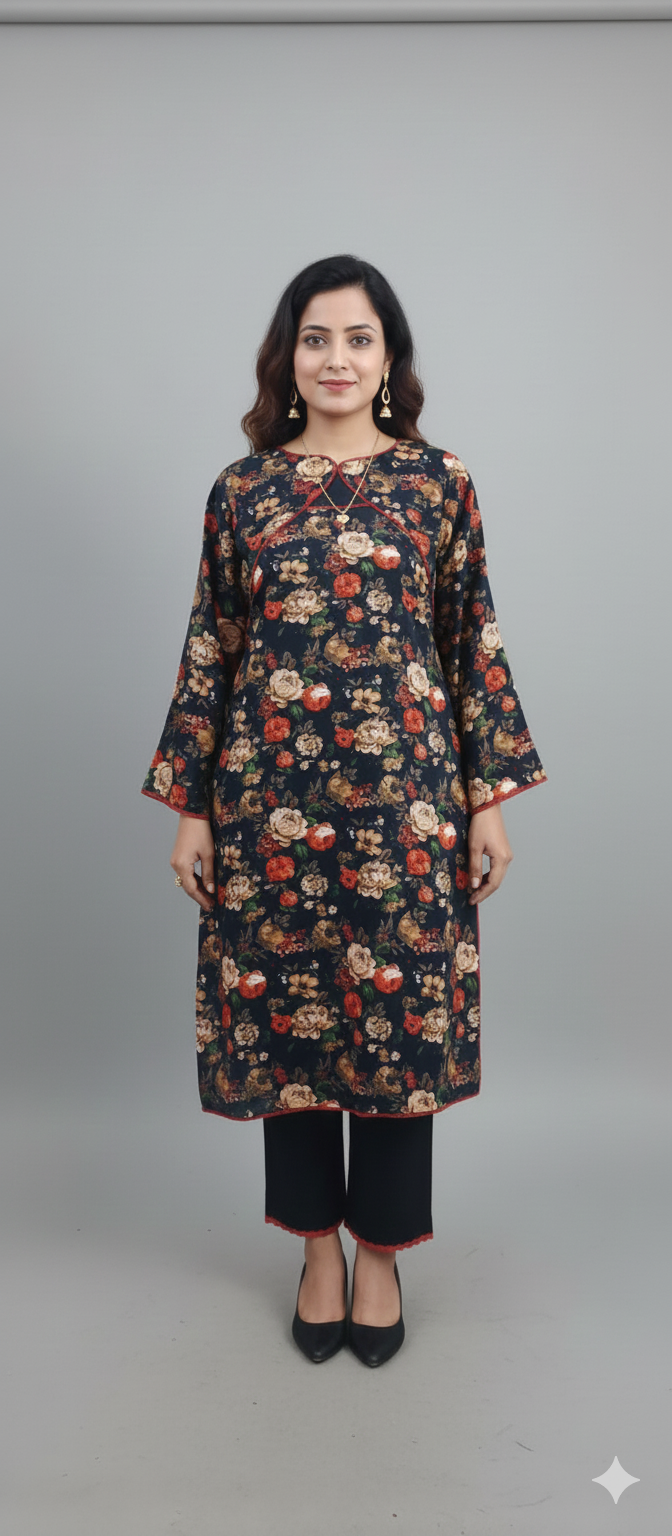 Black Floral Printed Light Khaddar 3-Piece Suit with Chiffon Dupatta & Lace Finishing