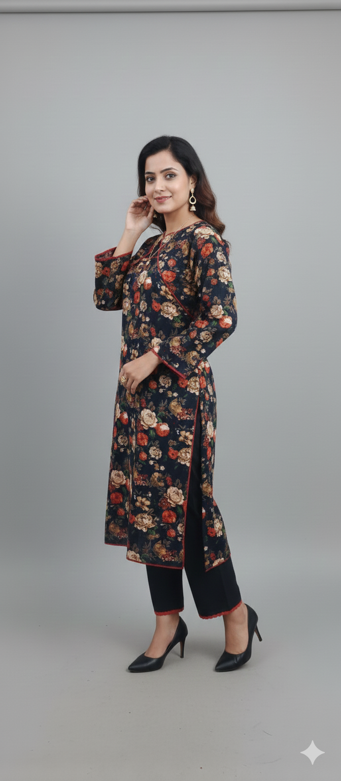 Black Floral Printed Light Khaddar 3-Piece Suit with Chiffon Dupatta & Lace Finishing