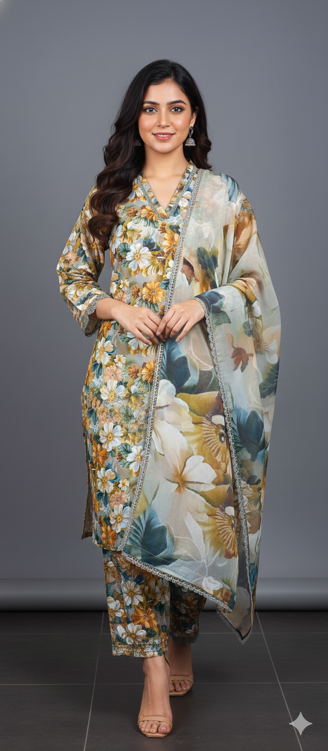 Multicolor Floral Printed Light Khaddar 3 Piece – Brownish Grey