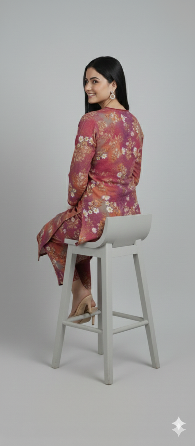 Printed Light Khaddar 2 Piece Suit with Lace – Multicolor Pink