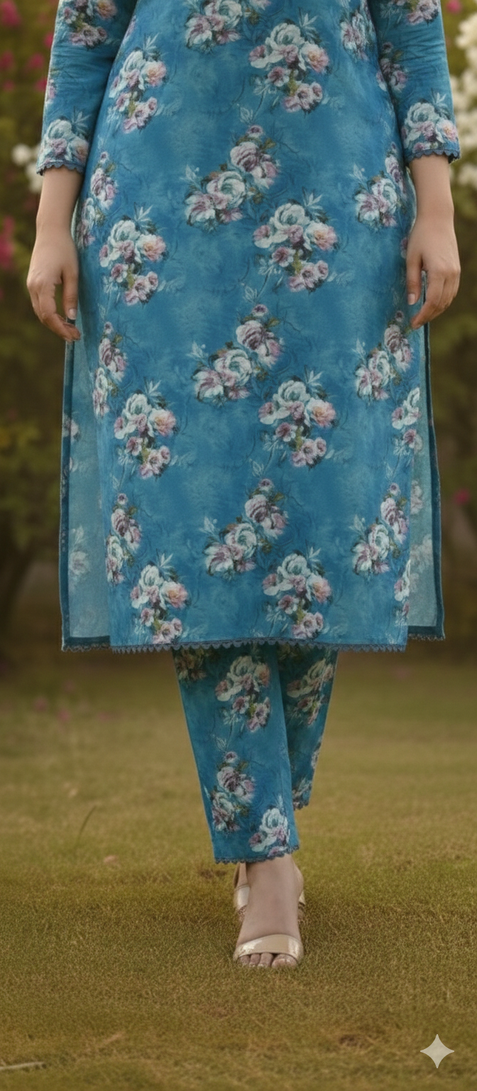 Teal Blue Floral Printed Light Khaddar 3-Piece Suit with Chiffon Dupatta