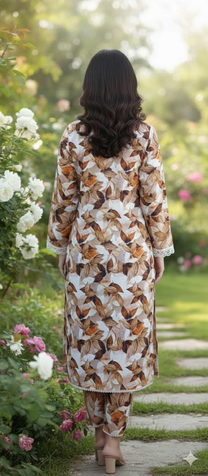 Leafy Breeze Printed Light Khaddar 2 Piece – Caramel Brown (RTW)