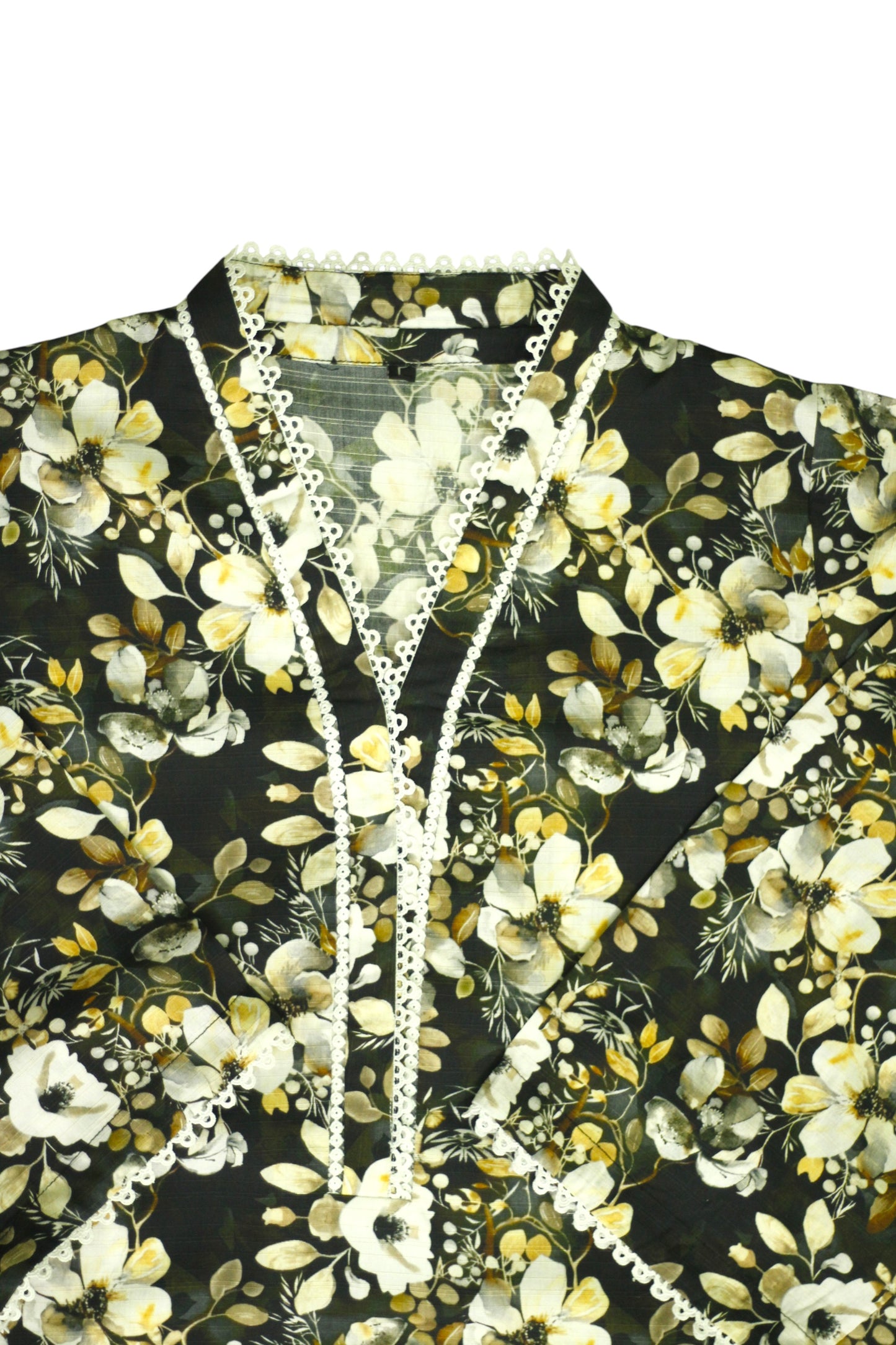 Black Printed Linen 3-Piece Banadora Suit with Lace Detailing