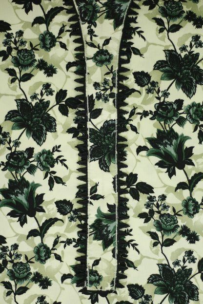 Cream White Printed Linen 3-Piece Banadora Suit with Green Floral & Lace Detailing