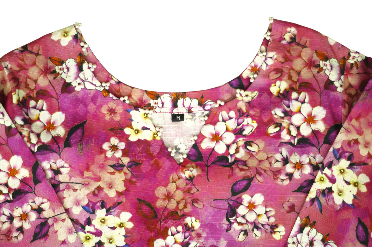 Pink Floral Printed Linen 3-Piece Banadora Suit with Pearl & Lace Detailing