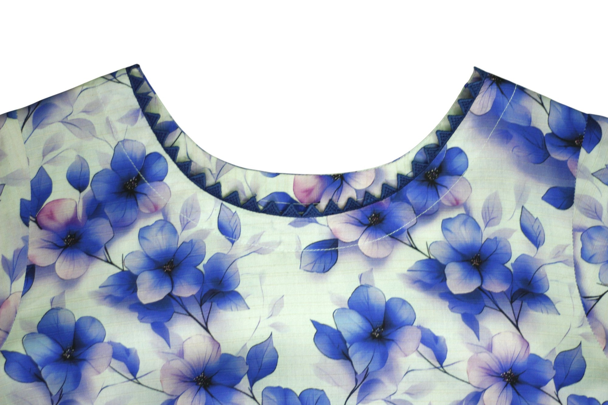 Creamy White 3-Piece Light Khaddar Suit with Blue Floral & Leaf Print and Lace