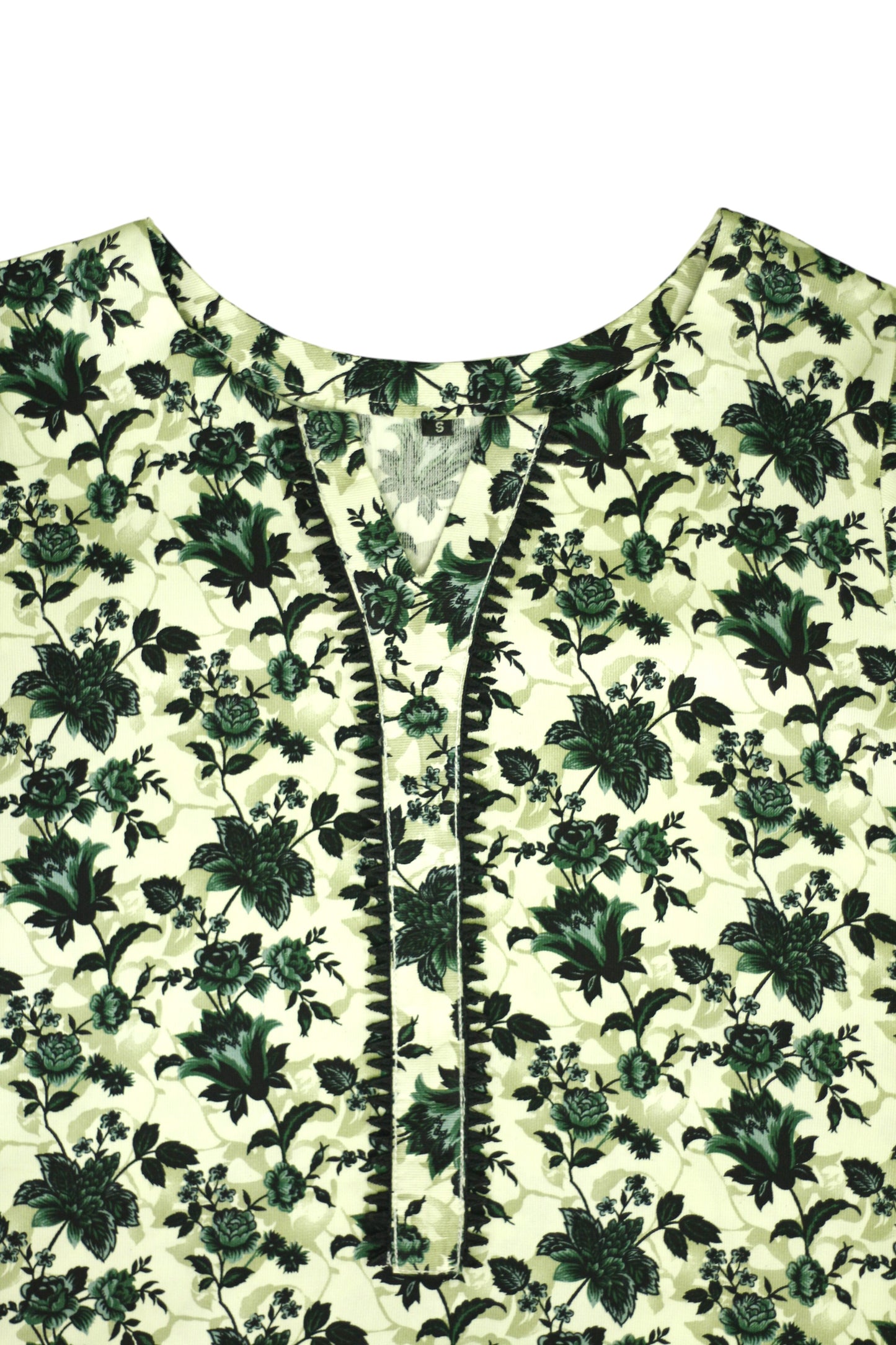 Cream White Printed Linen 3-Piece Banadora Suit with Green Floral & Lace Detailing