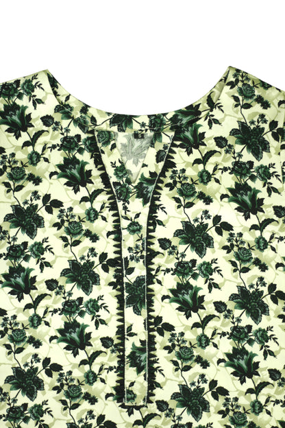 Cream White Printed Linen 3-Piece Banadora Suit with Green Floral & Lace Detailing