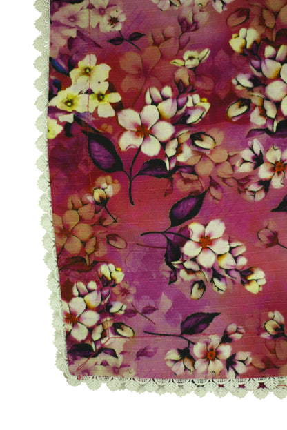 Pink Floral Printed Linen 3-Piece Banadora Suit with Pearl & Lace Detailing