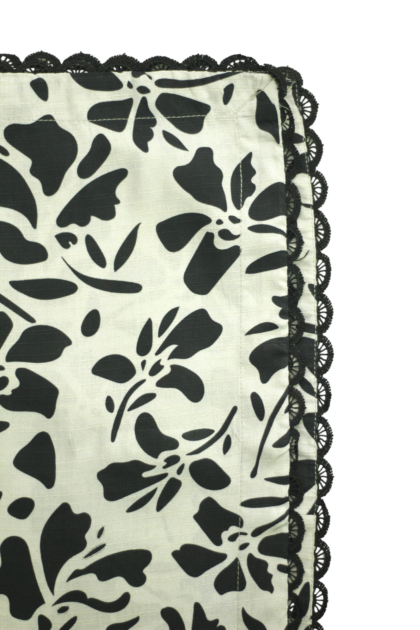 Grey Printed Linen 3-Piece Banadora Suit with Black Pattern & Lace Detailing