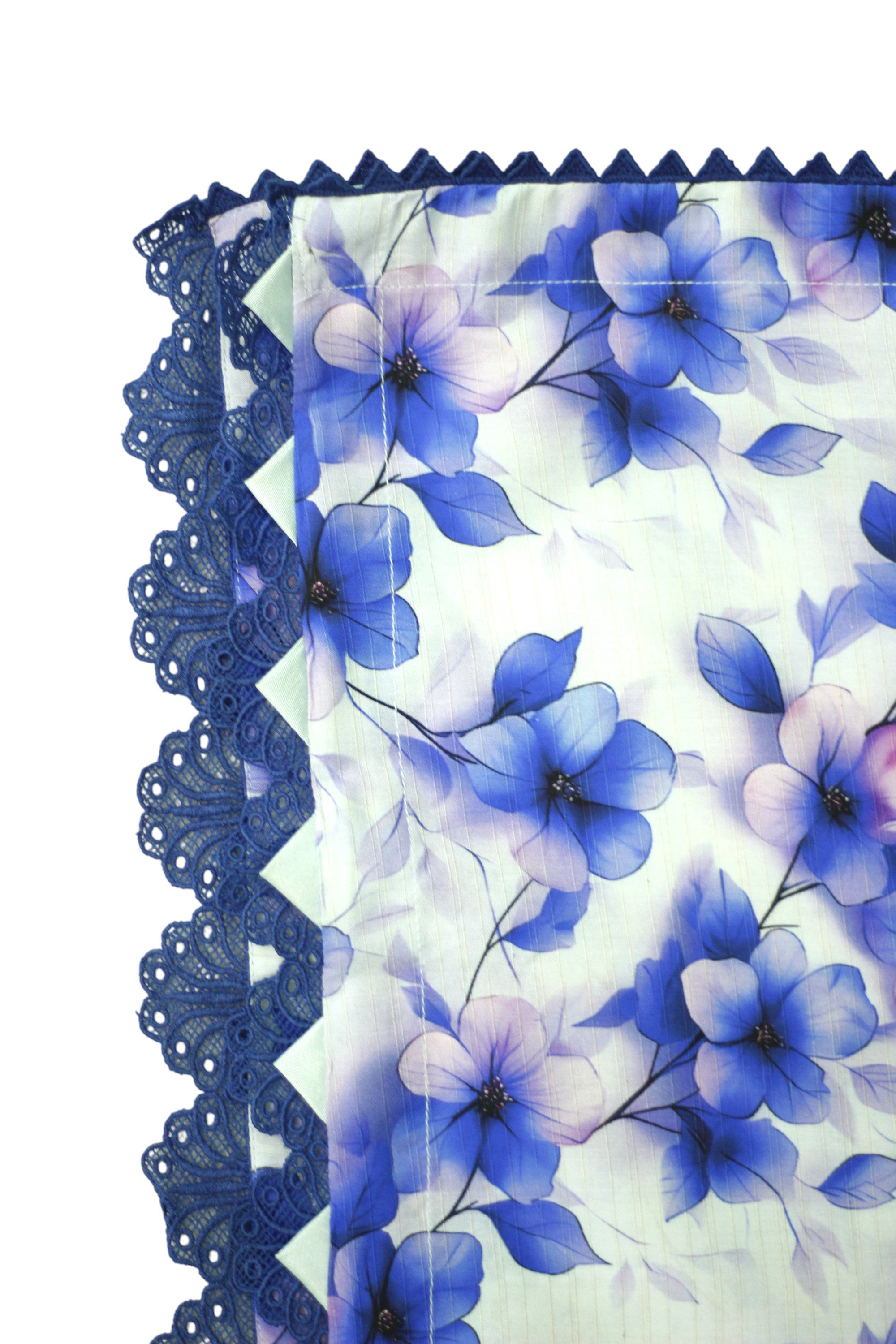 Creamy White 3-Piece Light Khaddar Suit with Blue Floral & Leaf Print and Lace