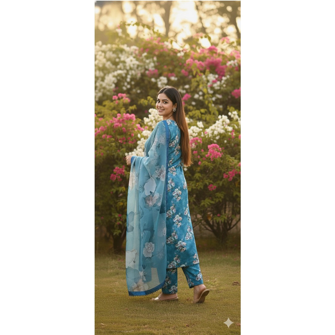 Teal Blue Floral Printed Light Khaddar 3-Piece Suit with Chiffon Dupatta