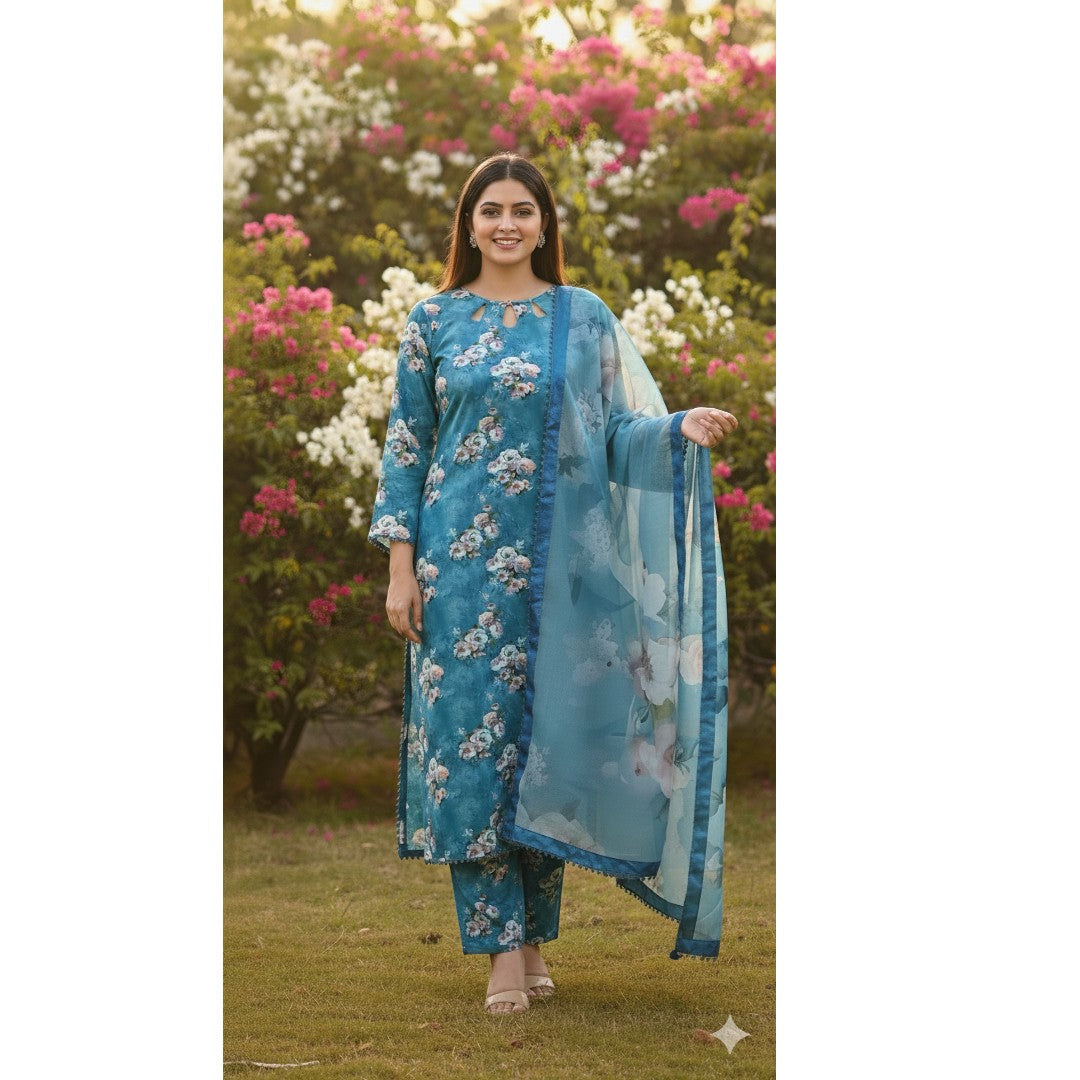 Teal Blue Floral Printed Light Khaddar 3-Piece Suit with Chiffon Dupatta