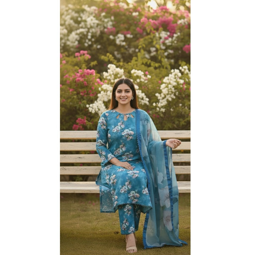 Teal Blue Floral Printed Light Khaddar 3-Piece Suit with Chiffon Dupatta