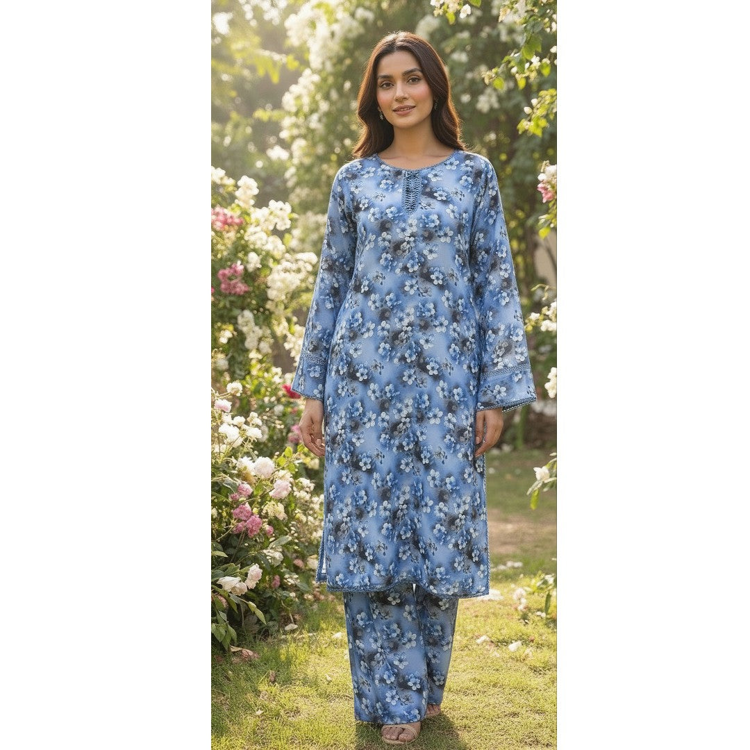 Floral Printed Light Khaddar 2 Piece Suit with Lace – Blue
