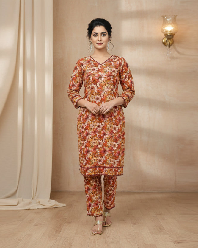 Woman wearing a floral dress standing against a beige curtain.