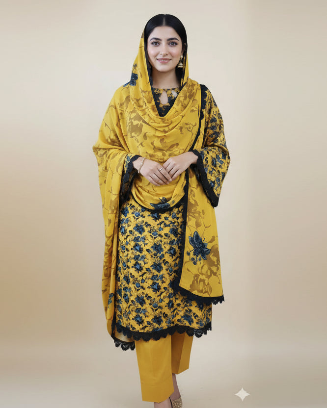 Woman wearing a yellow embroidered outfit with a matching dupatta on a beige background