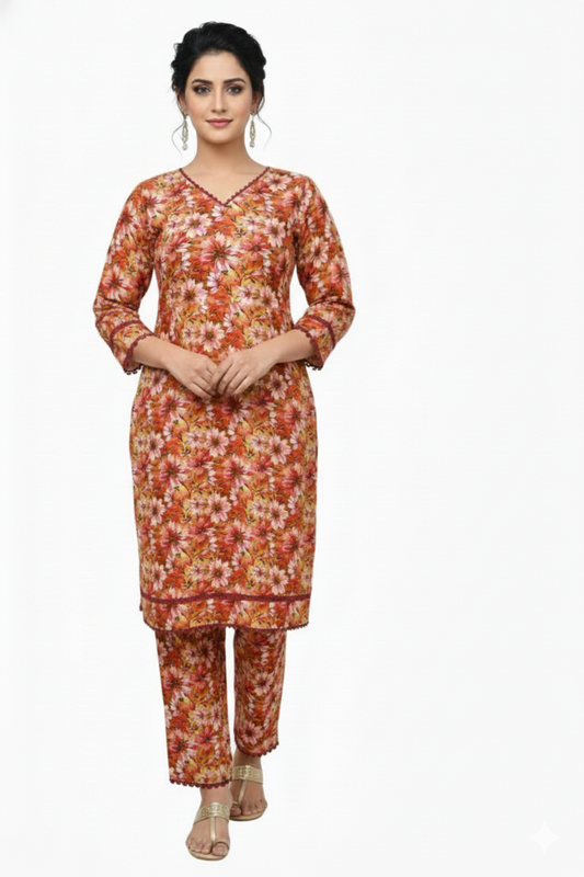 Pink & White Floral Printed Linen 2-Piece Banadora Suit with Lace Detailing