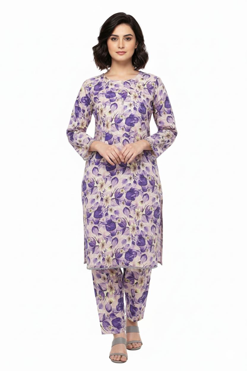 Lavender Printed Linen 2-Piece Banadora Suit with Lace & Button Detailing