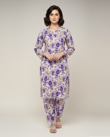 Lavender Printed Light Khaddar 2-Piece Suit with Lace & Button Detailing