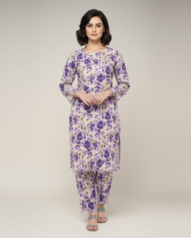 Lavender Printed Light Khaddar 2-Piece Suit with Lace & Button Detailing