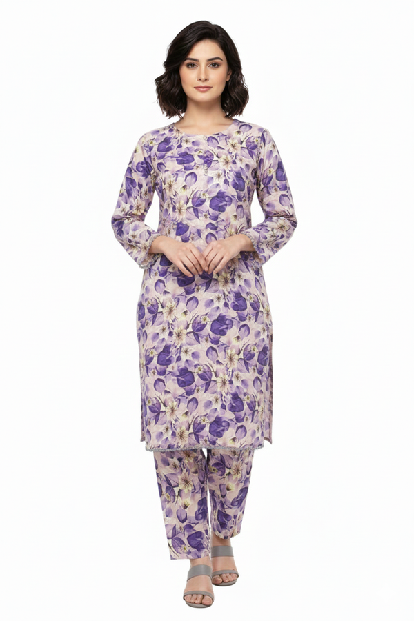 Lavender Printed Linen 2-Piece Banadora Suit with Lace & Button Detailing