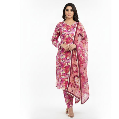 Pink Floral Printed Linen 3-Piece Banadora Suit with Pearl & Lace Detailing