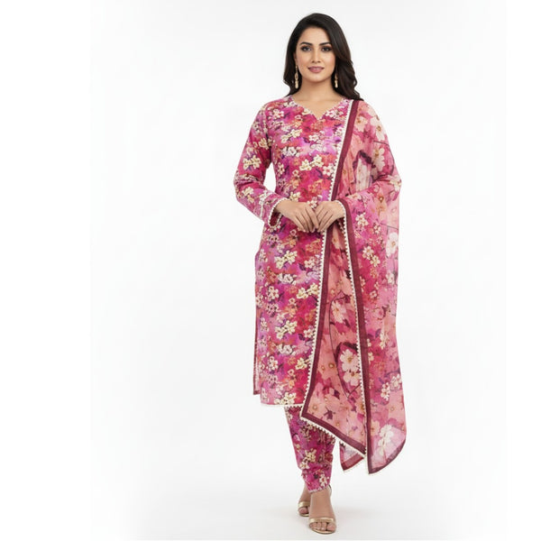 Pink Floral Printed Linen 3-Piece Banadora Suit with Pearl & Lace Detailing