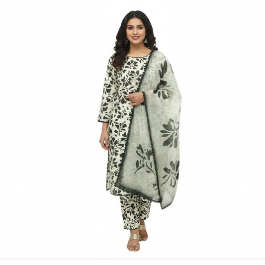 Grey Printed Linen 3-Piece Banadora Suit with Black Pattern & Lace Detailing