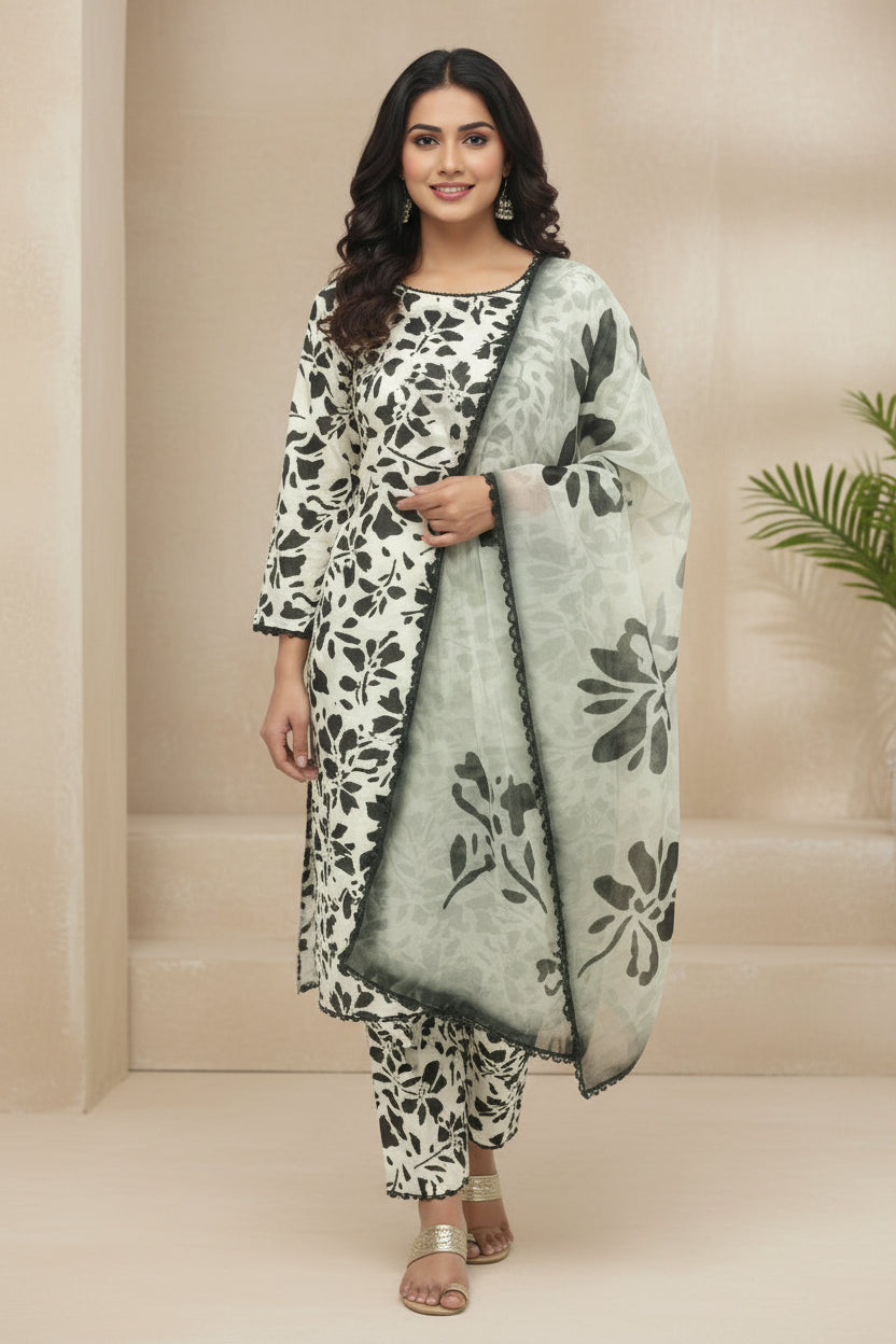 Grey Printed Light Khaddar 3-Piece Suit with Black Pattern & Lace Detailing