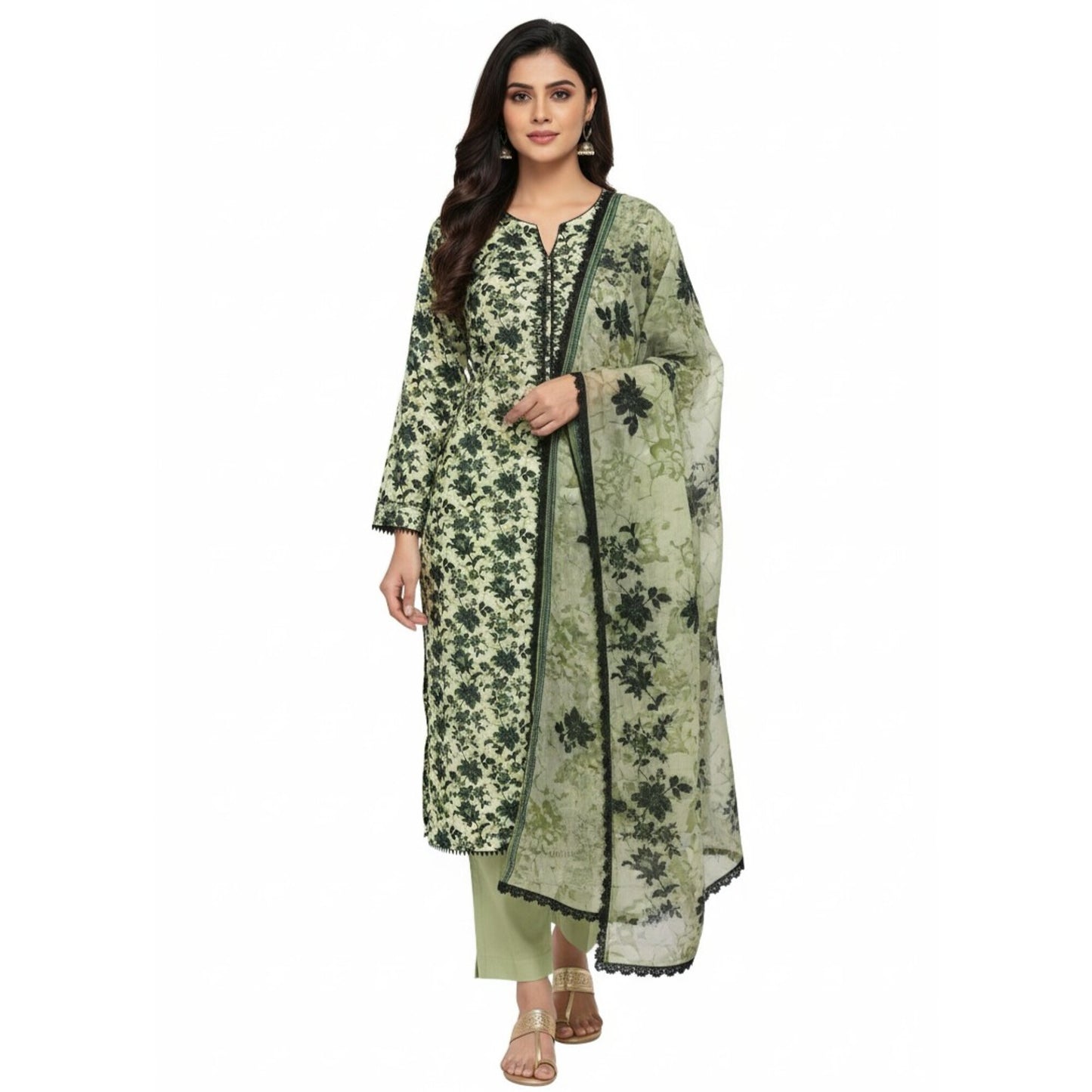 Cream White Printed Linen 3-Piece Banadora Suit with Green Floral & Lace Detailing