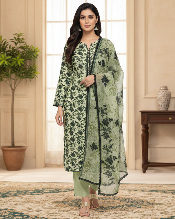 Green Floral Printed Light Khaddar 3-Piece Suit with Green Floral & Lace Detailing