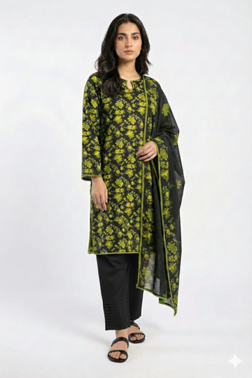 Elegant 3-Piece Printed Light Khaddar Suit with Lace Detailing – Black & Olive Green