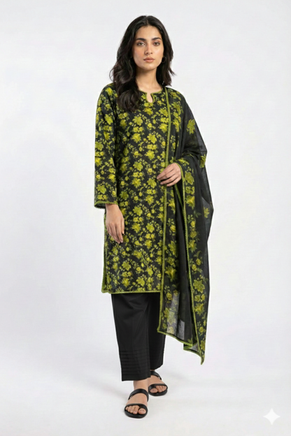 Elegant 3-Piece Printed Linen Banadora Suit with Lace Detailing – Black & Olive Green