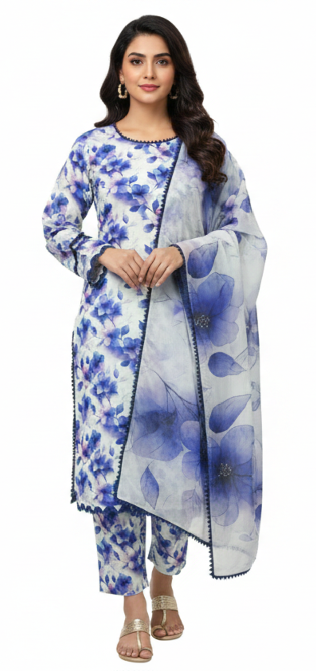 Creamy White 3-Piece Linen Banadora Suit with Blue Floral & Leaf Print and Lace