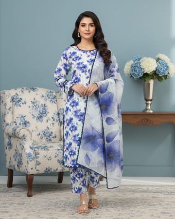 Creamy White 3-Piece Light Khaddar Suit with Blue Floral & Leaf Print and Lace