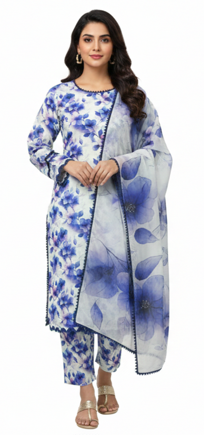 Creamy White 3-Piece Linen Banadora Suit with Blue Floral & Leaf Print and Lace