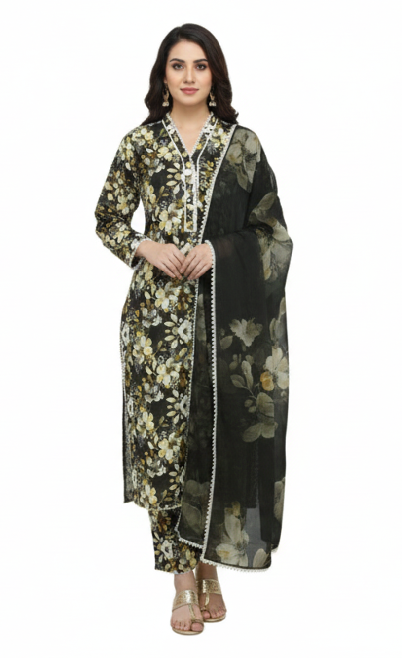Black Printed Linen 3-Piece Banadora Suit with Lace Detailing