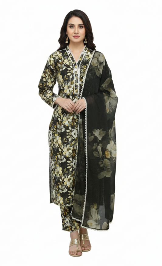 Black Printed Linen 3-Piece Banadora Suit with Lace Detailing