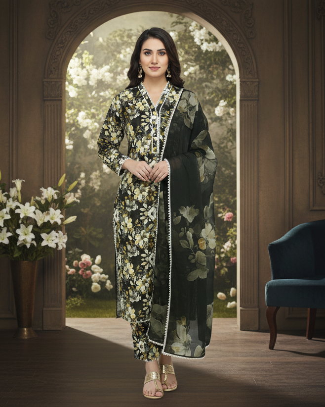 Black Printed Light Khaddar 3-Piece Suit with Lace Detailing
