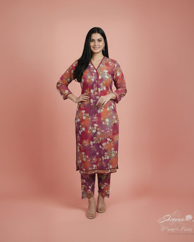 Printed Light Khaddar 2 Piece Suit with Lace – Multicolor Pink
