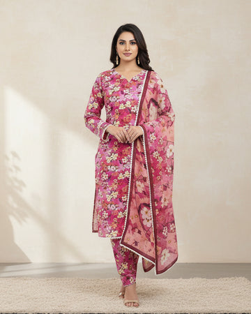 Pink Floral Printed Light Khaddar 3-Piece Suit with Pearl & Lace Detailing
