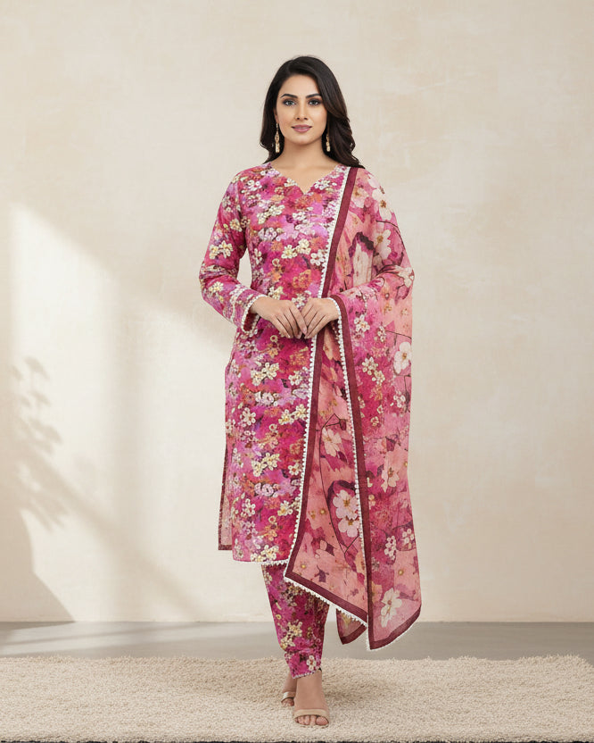 Pink Floral Printed Light Khaddar 3-Piece Suit with Pearl & Lace Detailing